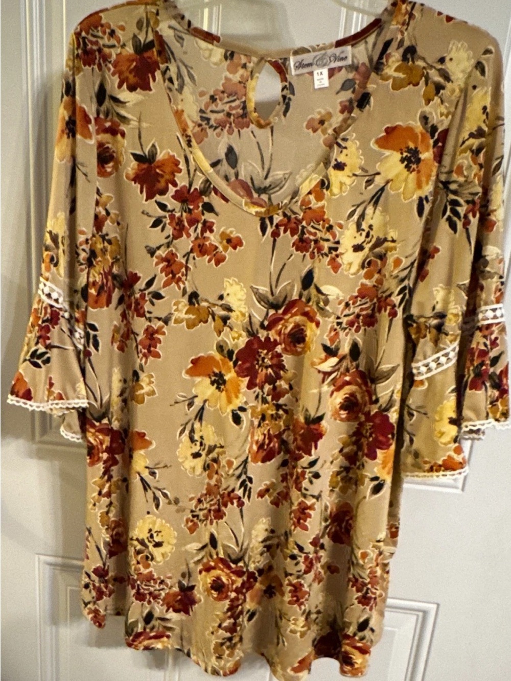 Floral V-Neck Bell Sleeve Top in Tan with floral print and bell sleeves